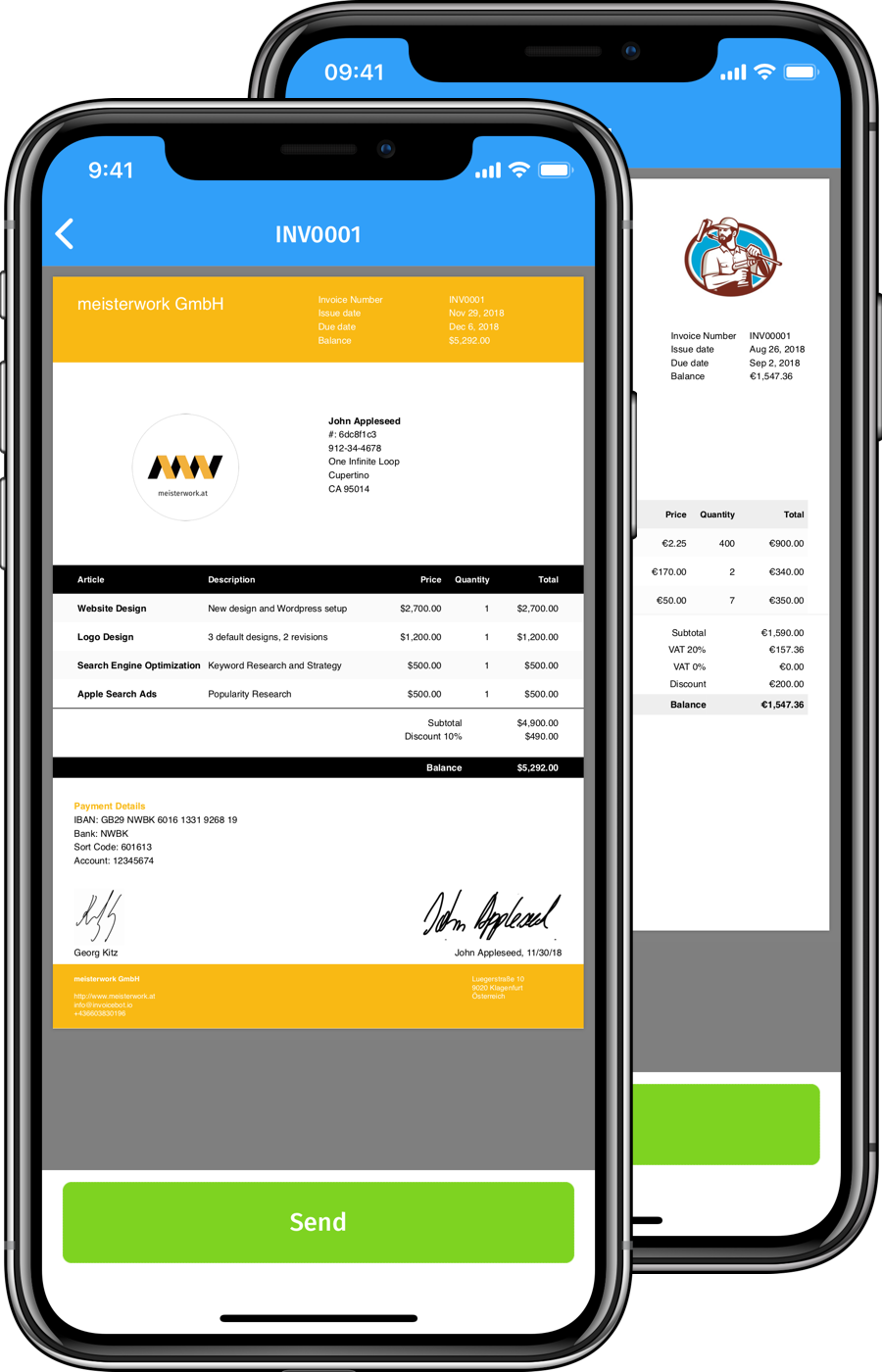 Two iPhone frames showing pdf invoice created with InvoiceBot