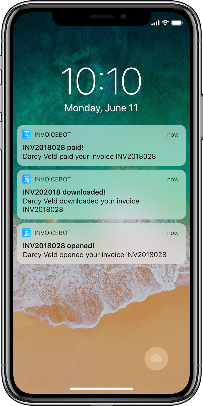 iPhone frame showing InvoiceBot notifications