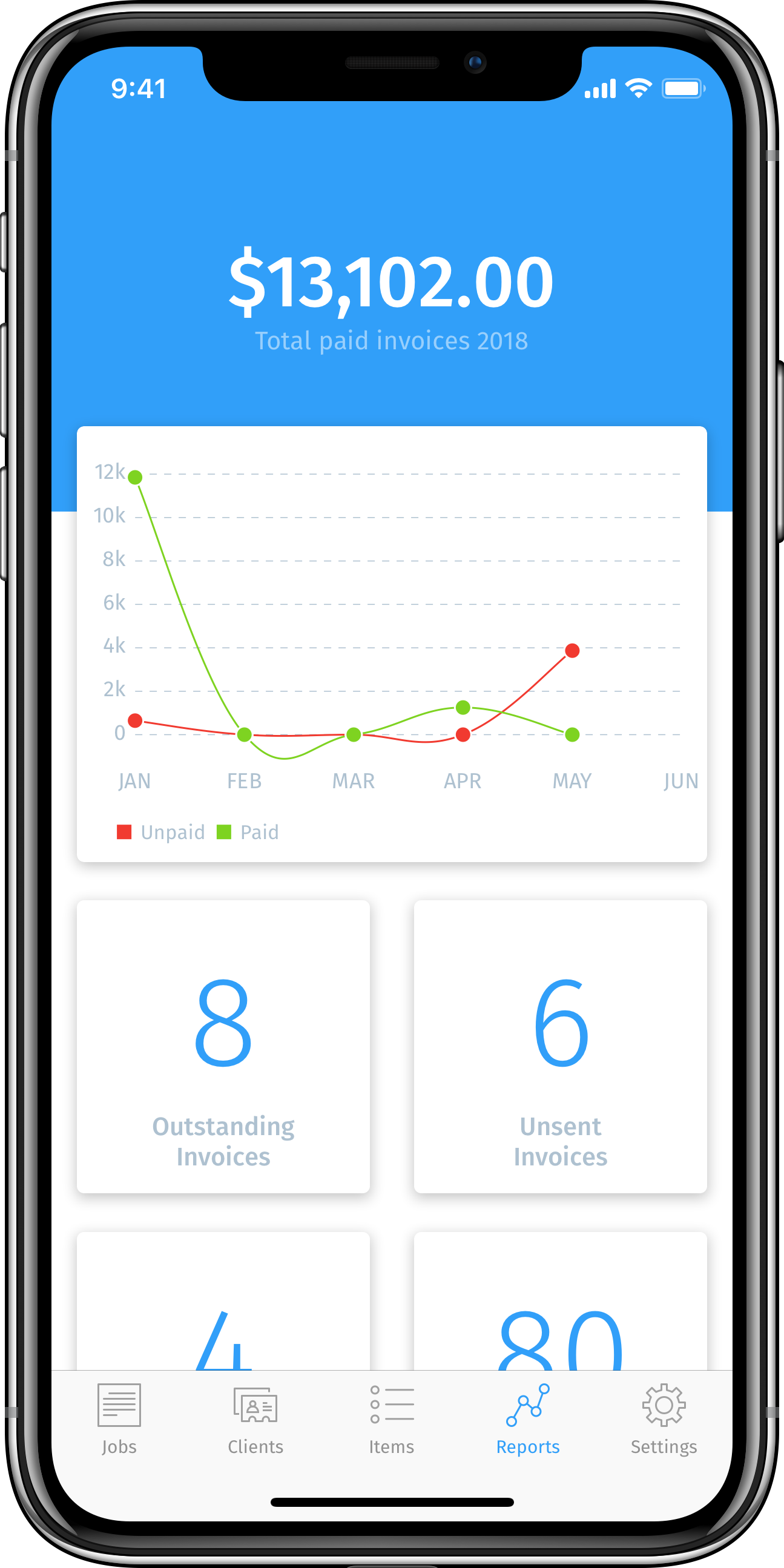 iPhone frame showing the InvoiceBot dashboard
