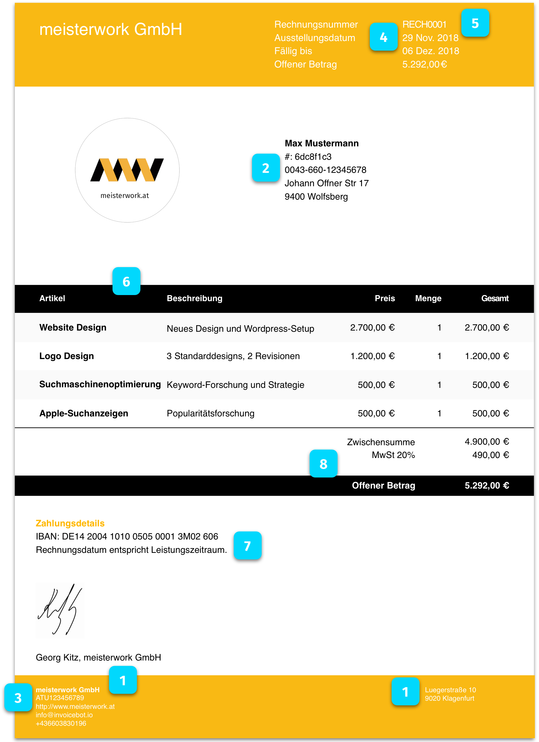 Highlights important parts on a German invoice sample